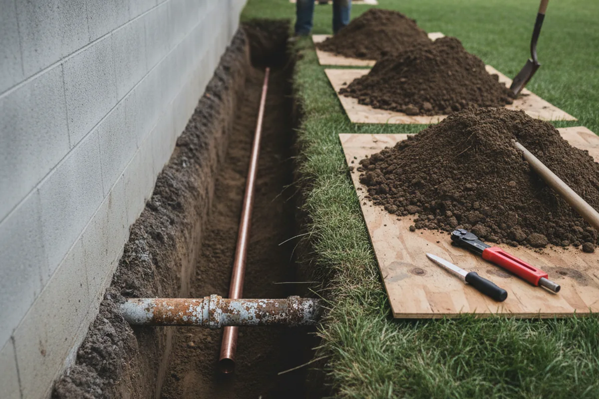 Excavated water line trench during Water Heater Repair in New Boston